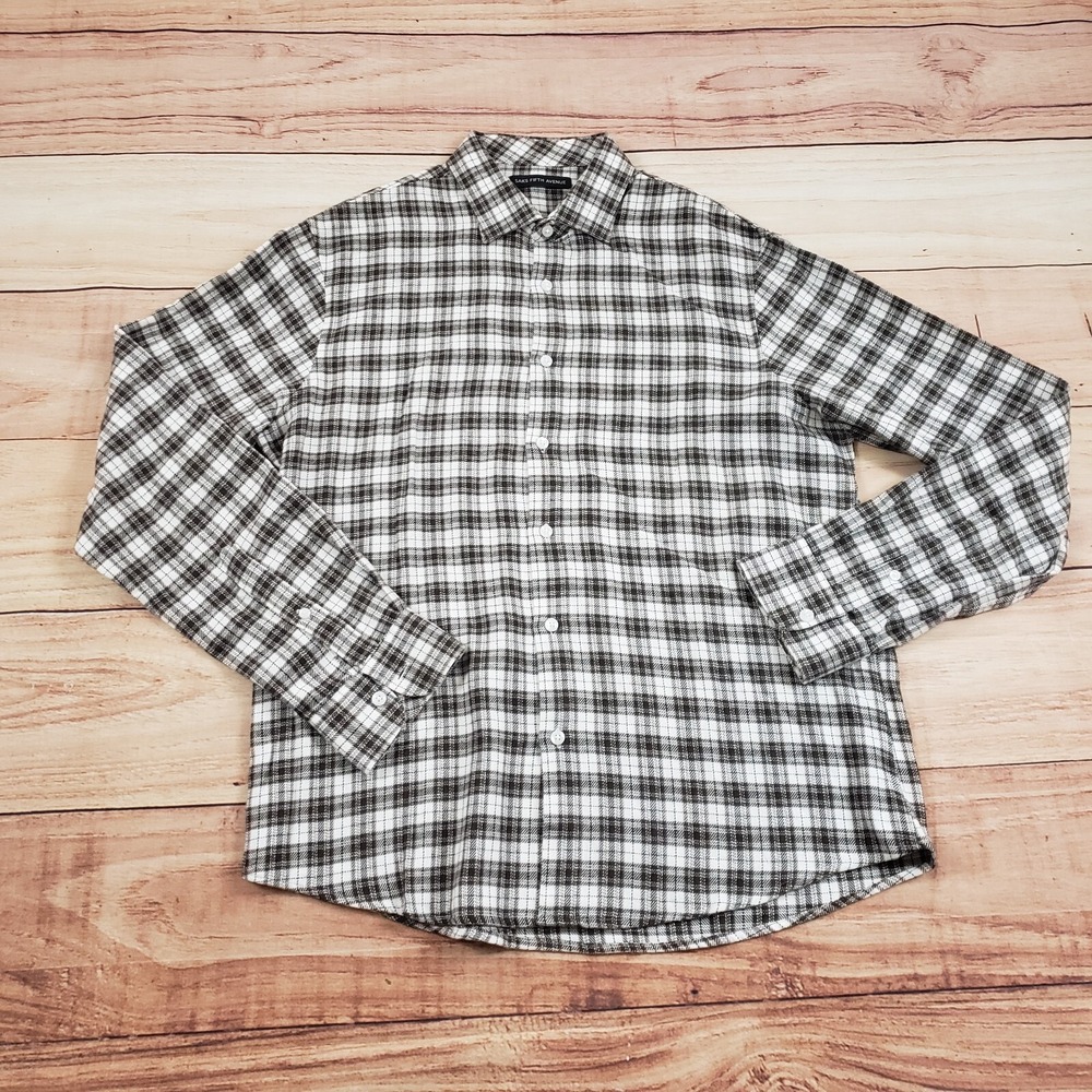Saks Fifth Avenue Shirt Mens Large White Black Outdoors Button Up Plaid Adult S